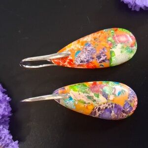 Multi-Colored Jasper Silvertone Dangle Earrings